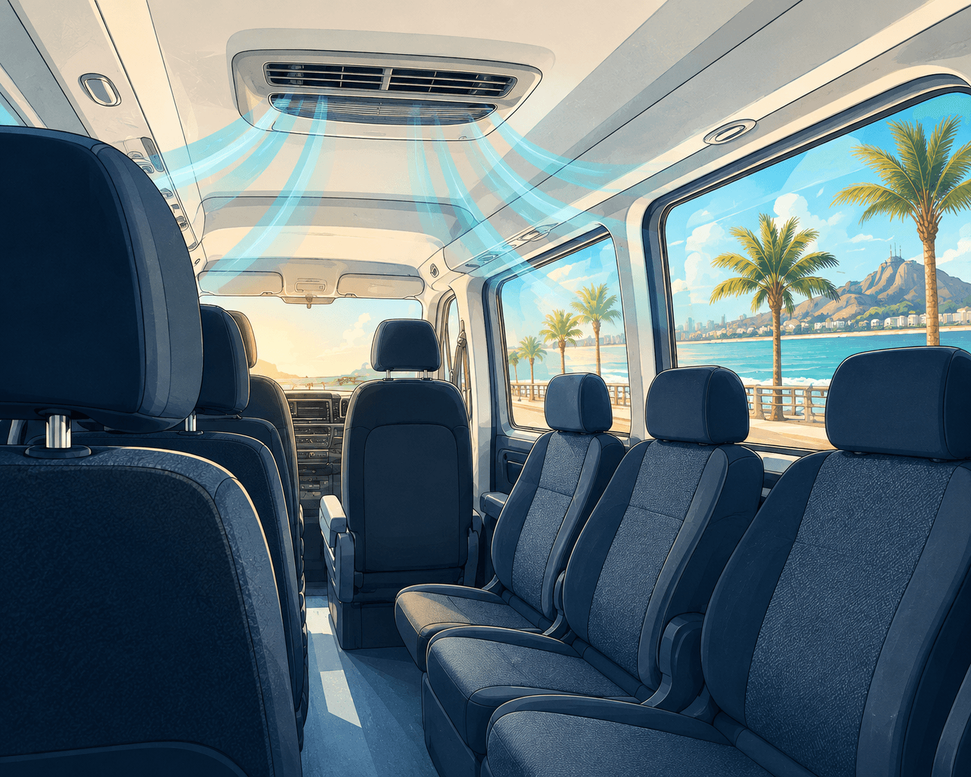 Interior amplio y climatizado de una van turística con vista al malecón de Mazatlán