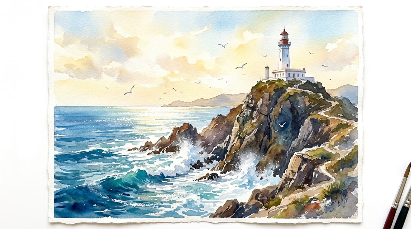Acuarela del Faro de Mazatlán en el Cerro del Crestón sobre el océano Pacífico