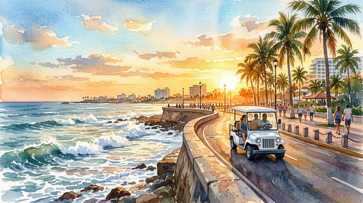 Acuarela del Malecón de Mazatlán con pulmonía al atardecer